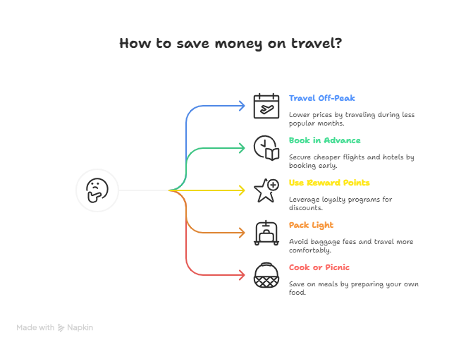 Save money on travel: Travel off-peak for lower prices, book in advance to lock deals, use reward points, pack light to avoid fees, and cook or picnic instead of dining out.