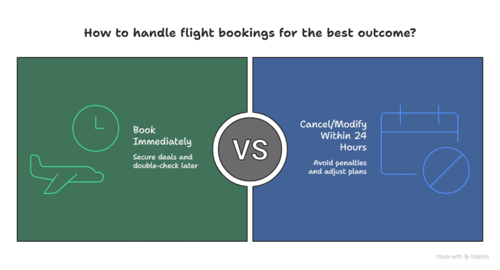 Best flight booking strategy: Book immediately to secure deals and double-check later VS cancel/modify within 24 hours to avoid penalties and adjust plans.