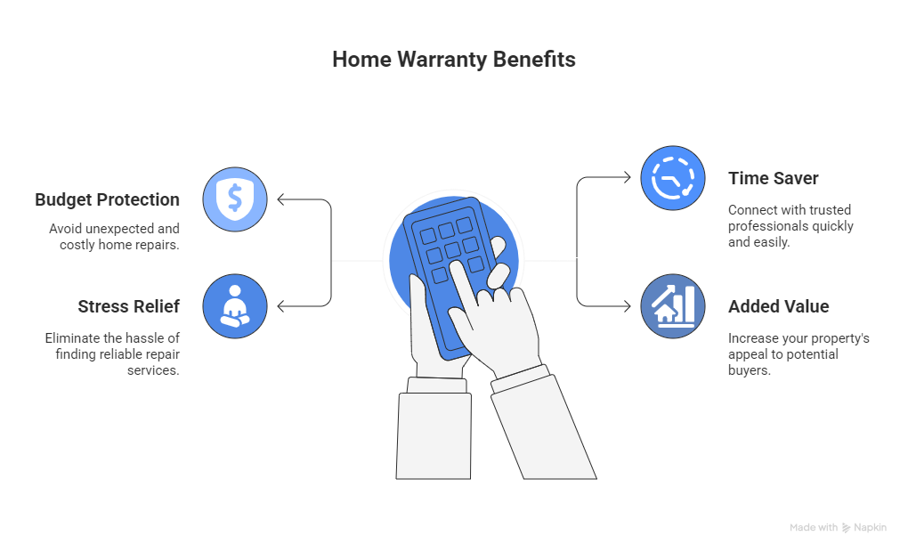 “Infographic illustrating home warranty benefits — including budget protection, stress relief, time saving, and added property value. Central image shows hands using a calculator with icons representing cost savings, trusted professionals, and home value increase.”