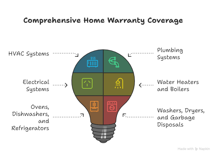 Infographic showing comprehensive home warranty coverage, including HVAC, plumbing, electrical systems, water heaters, and appliances, used to compare home warranty insurance vs home insurance protection.