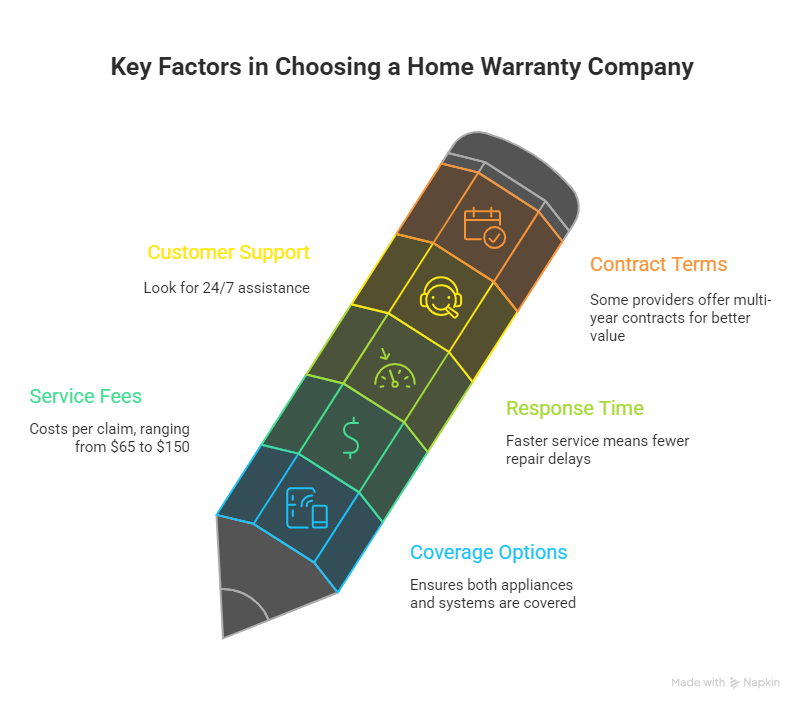Key factors in choosing the best home warranty company: 24/7 customer support, $65–$150 service fees, fast response time, multi-year contract terms, and coverage for appliances and systems.