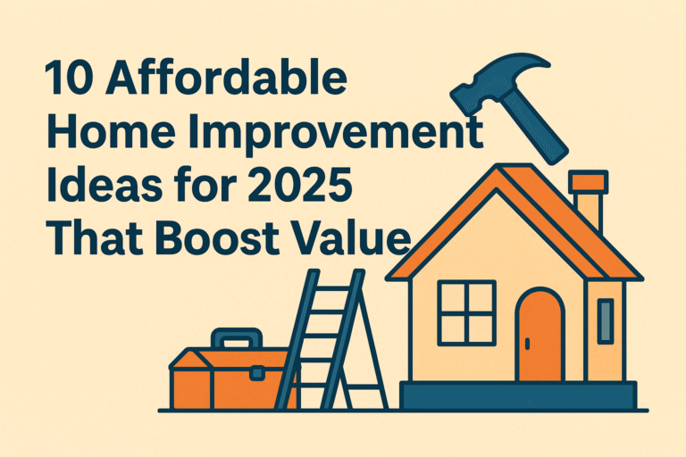 Illustration of a house with ladder, toolbox, and hammer symbolizing affordable home improvement ideas for 2025 that increase property value.