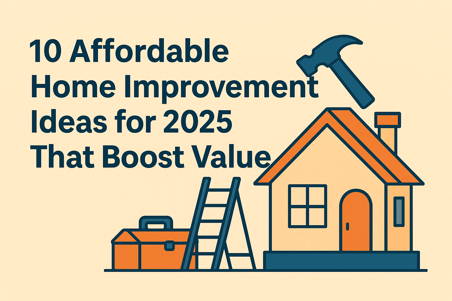 Illustration of a house with ladder, toolbox, and hammer symbolizing affordable home improvement ideas for 2025 that increase property value.