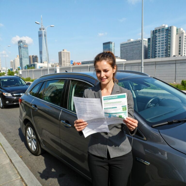 A professional woman standing beside her car and reviewing insurance documents, representing ways to manage policies and reduce car insurance premium.