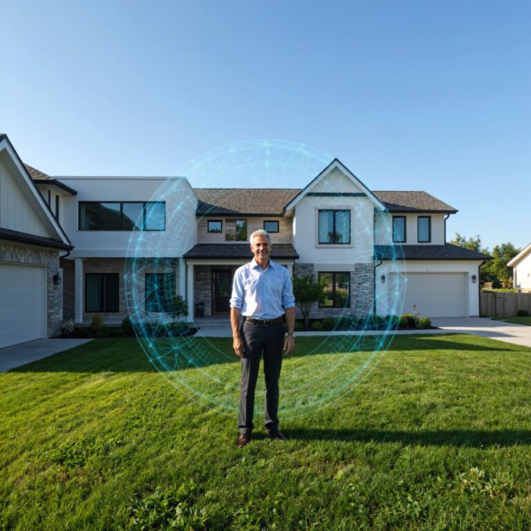 smiling homeowner in front of a protected house under a digital shield representing the best home warranty companies in the USA