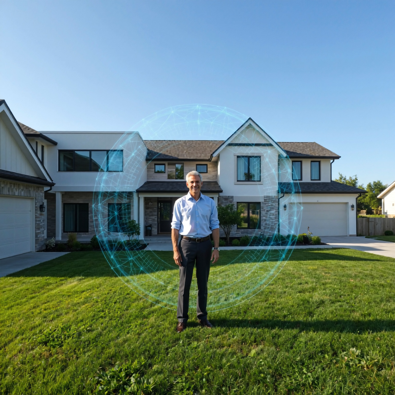smiling homeowner in front of a protected house under a digital shield representing the best home warranty companies in the USA