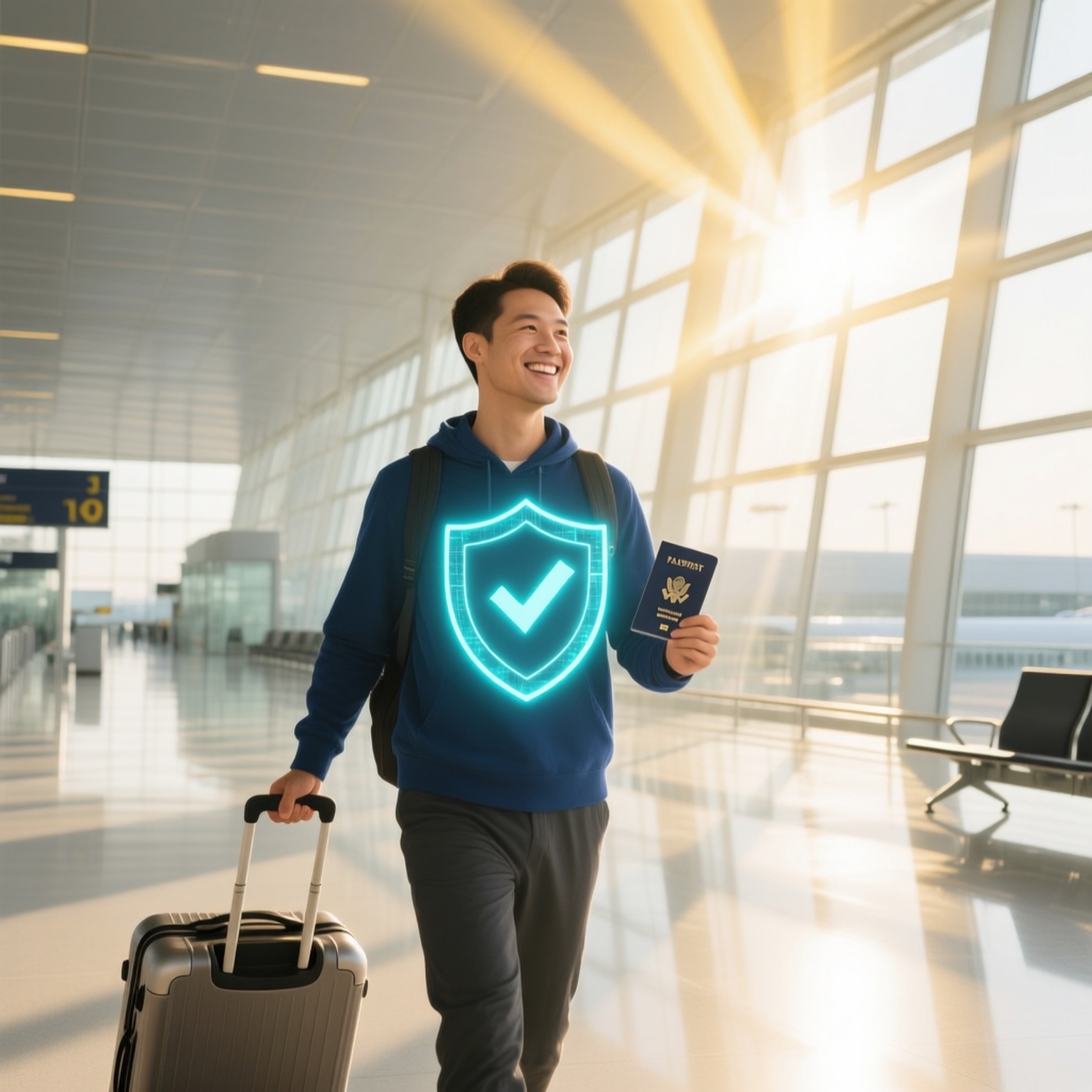 best travel insurance for international trips showing a traveler in airport with passport and luggage under digital protection shield