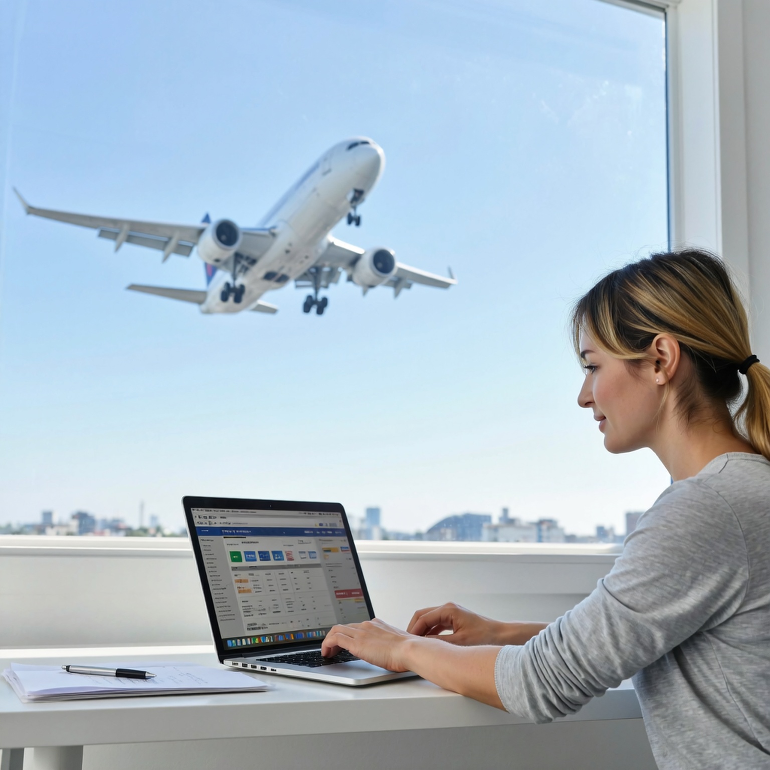 A traveler booking cheap flights on a laptop with airplane in the background representing how to find cheap flights to anywhere