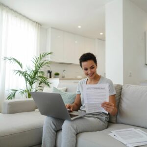 Smiling renter reviewing a renters insurance policy at home, considering if renters insurance is worth it for peace of mind and financial protection.