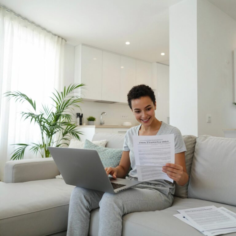 Smiling renter reviewing a renters insurance policy at home, considering if renters insurance is worth it for peace of mind and financial protection.