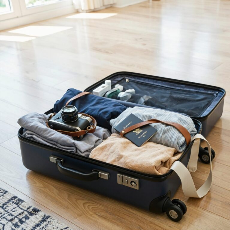 An open suitcase neatly packed with essentials representing practical packing tips for travel to make trips stress-free