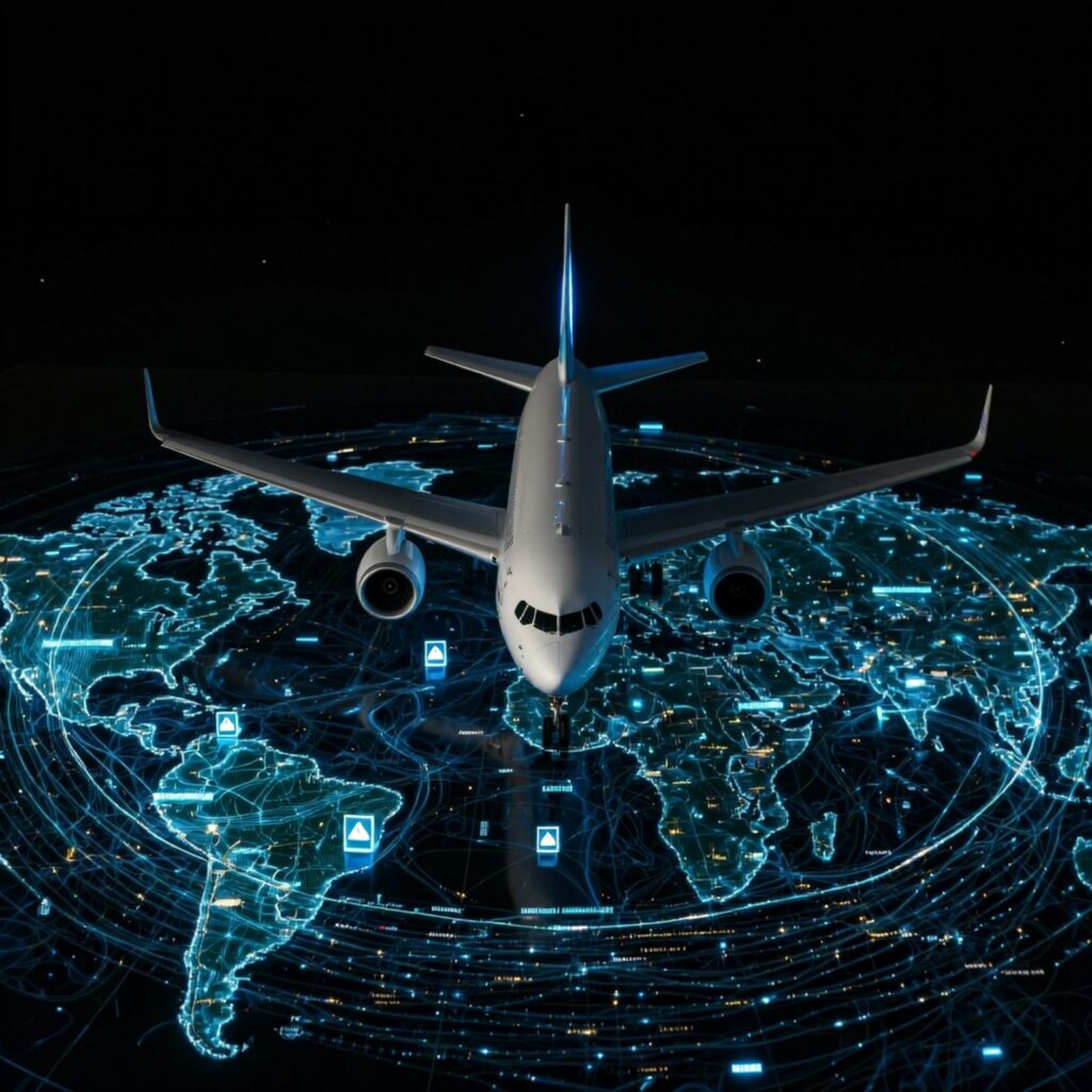 Anime-style traveler at airport with airplane and glowing icons representing how to find cheap flights anywhere in the world