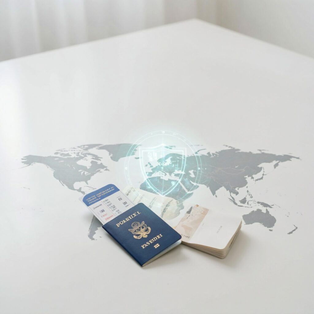 best travel insurance concept with passport, ticket, and glowing shield symbolizing global protection