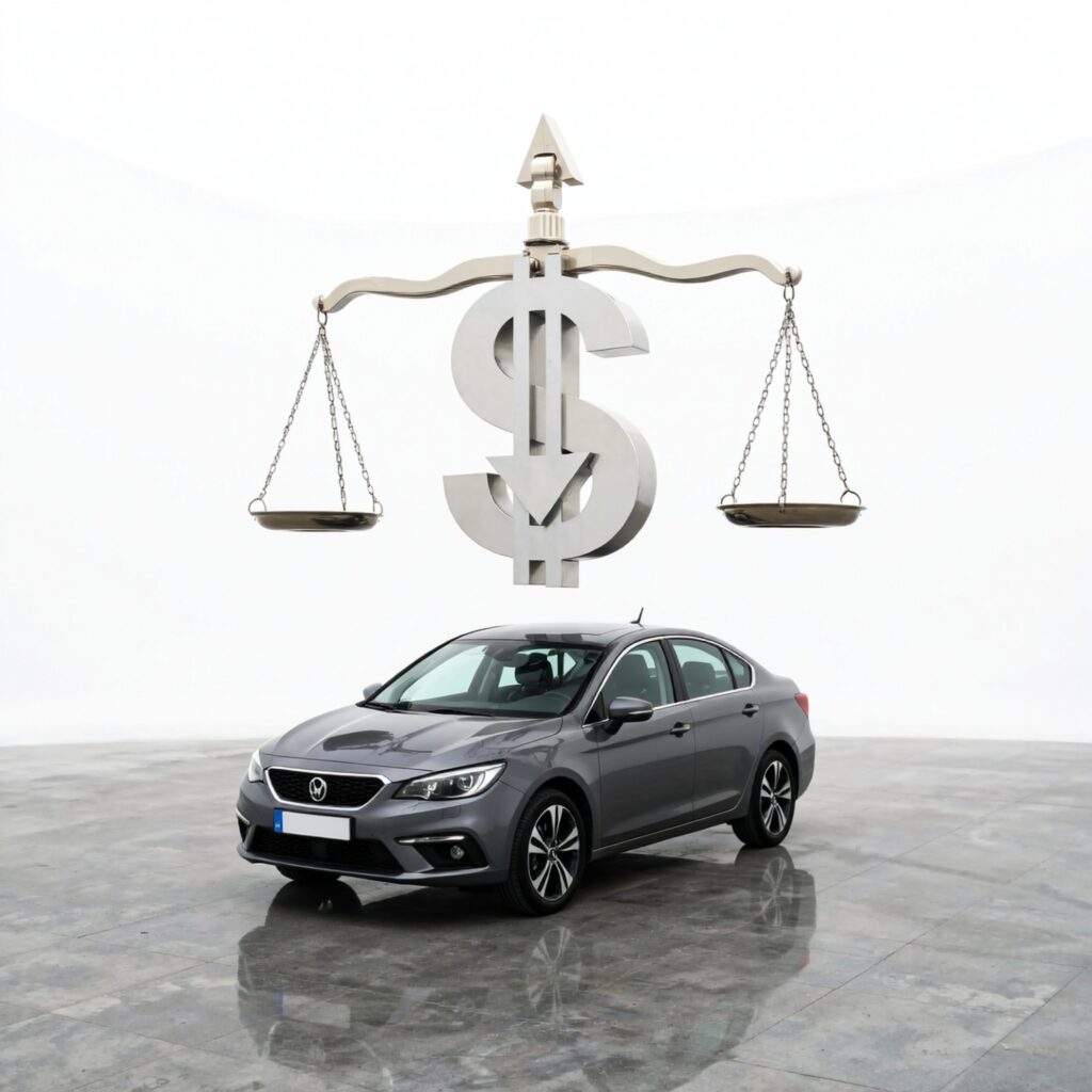 A modern gray sedan parked under a large metallic dollar sign and balance scale, symbolizing smart financial choices to reduce car insurance premium.