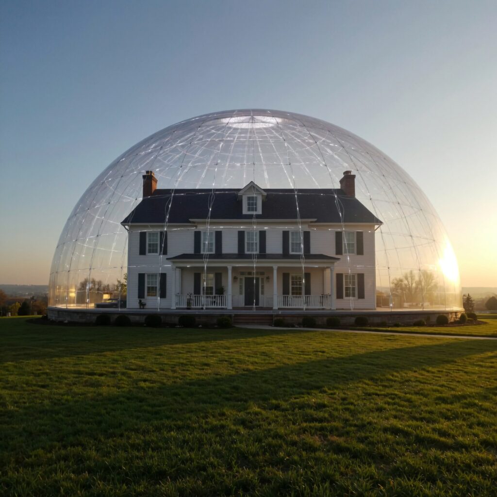 Cinematic protected home under glowing digital dome symbolizing the best home warranty companies providing top coverage