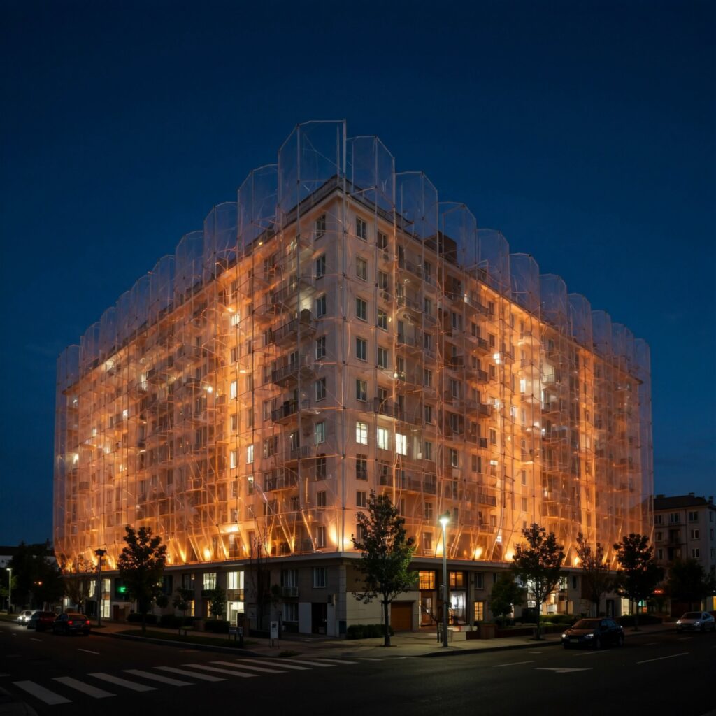 Modern apartment building illuminated at night, representing protection and security — illustrating why renters insurance is worth it for safeguarding your home.