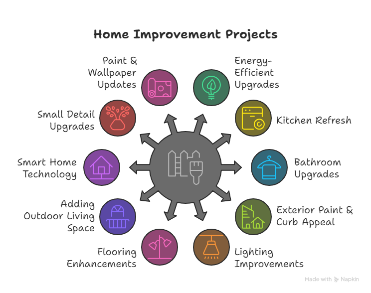 “Infographic showing different home improvement project ideas including paint updates, energy-efficient upgrades, kitchen and bathroom remodels, flooring, and lighting improvements.”