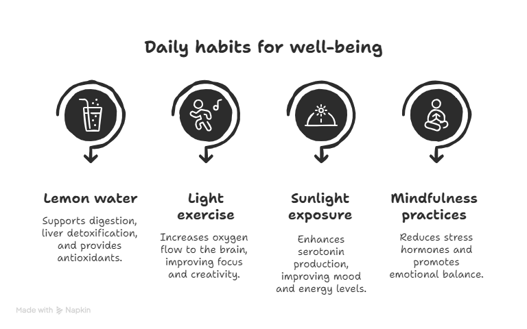 Infographic titled “Daily habits for well-being,” displaying four healthy practices: drinking lemon water to support digestion and detoxification, doing light exercise to boost oxygen flow and focus, getting sunlight exposure to enhance serotonin and energy, and practicing mindfulness to reduce stress and promote emotional balance. Each habit is represented with a circular icon and short description beneath it.