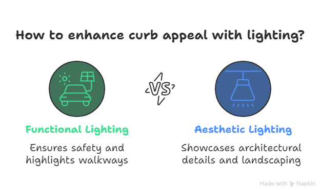 Graphic showing how to boost curb appeal with lighting, comparing functional lighting that ensures safety and highlights walkways versus aesthetic lighting that showcases architectural details and landscaping