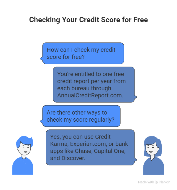 Informational graphic showing a conversation between two cartoon characters about checking your credit score for free. One person asks how to check their credit score, and the other explains that you can get one free credit report per year at AnnualCreditReport.com, or use Credit Karma, Experian.com, or bank apps like Chase, Capital One, and Discover.