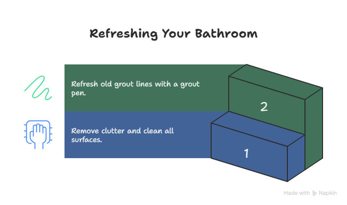 Infographic titled “Refreshing Your Bathroom,” showing two simple steps for a DIY bathroom remodel on a budget. Step 1: “Remove clutter and clean all surfaces.” Step 2: “Refresh old grout lines with a grout pen.” The design features stacked 3D blocks in green and blue tones with small icons, emphasizing quick and affordable bathroom upgrades.