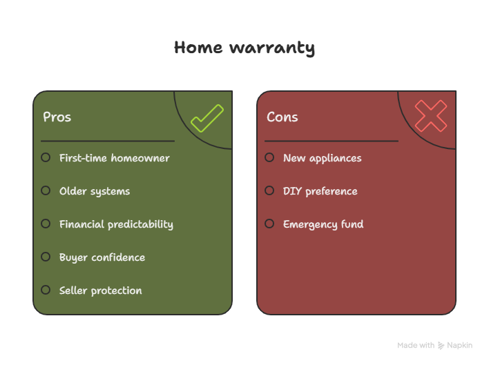 Home warranty pros vs cons: Ideal for first-time homeowners, older systems, financial predictability, buyer confidence, and seller protection; less beneficial for new appliances, DIY preference, or existing emergency funds.