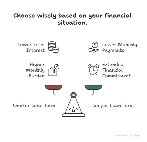 Choose loan term wisely: Shorter term offers lower total interest but higher monthly payments; longer term means lower monthly payments with extended commitment and higher interest.