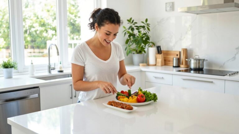A healthy person preparing nutritious food in a bright kitchen representing realistic and effective weight loss tips for a healthy lifestyle.