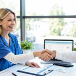 A healthcare professional meeting with a client in a bright modern office representing the best health insurance companies in the USA for 2025.