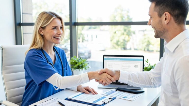A healthcare professional meeting with a client in a bright modern office representing the best health insurance companies in the USA for 2025.