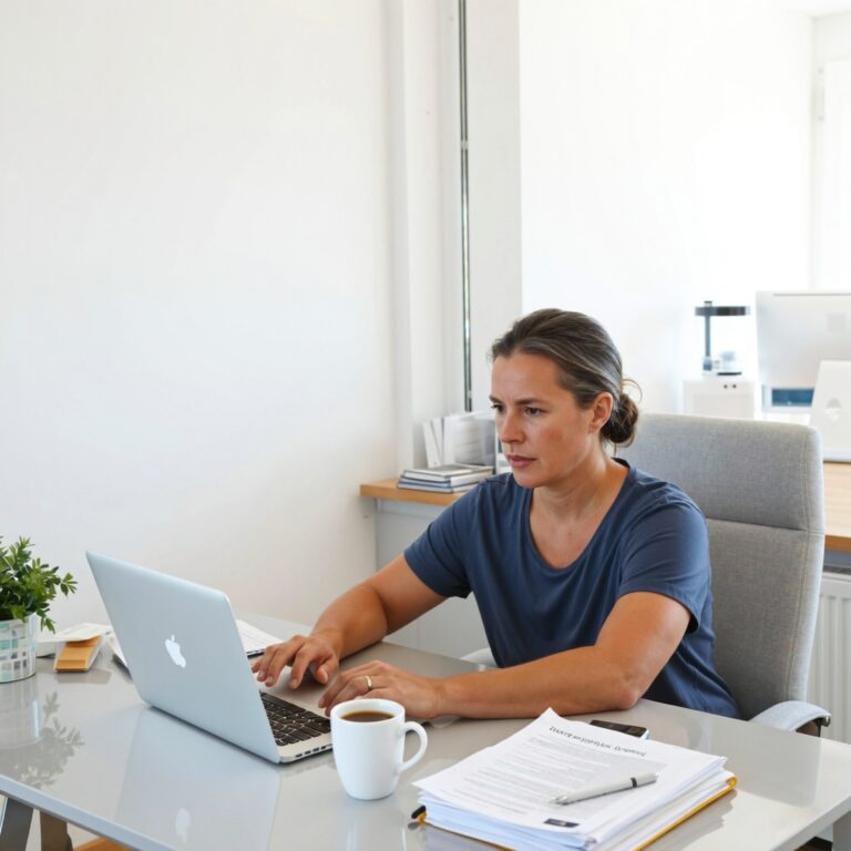 A homeowner filing a home warranty claim on laptop in a modern office showing the home warranty claim process step by step