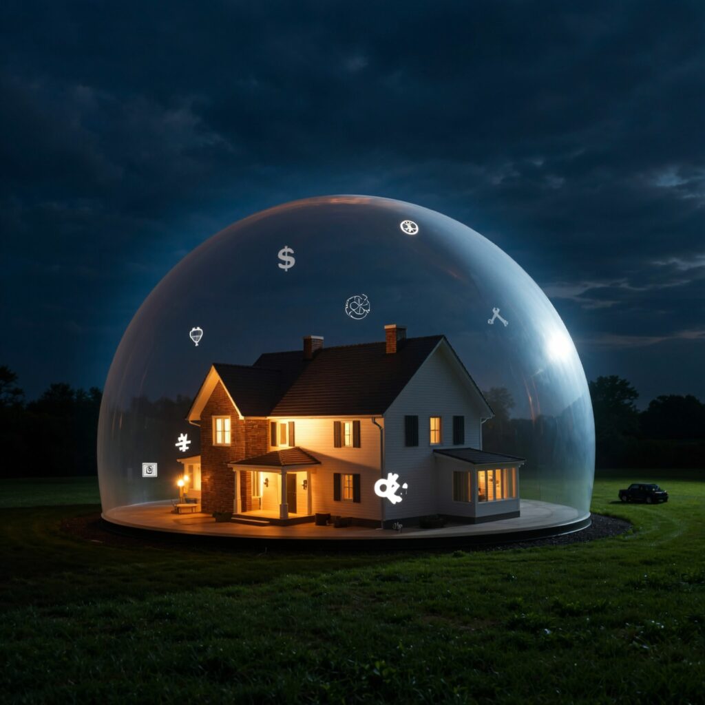 Modern home protected by digital shield and repair icons representing home warranty worth it for property protection