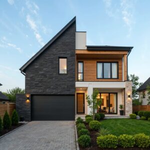 Modern suburban two-story house with manicured lawn and stone exterior, illustrating the difference between home warranty insurance vs home insurance coverage for homeowners