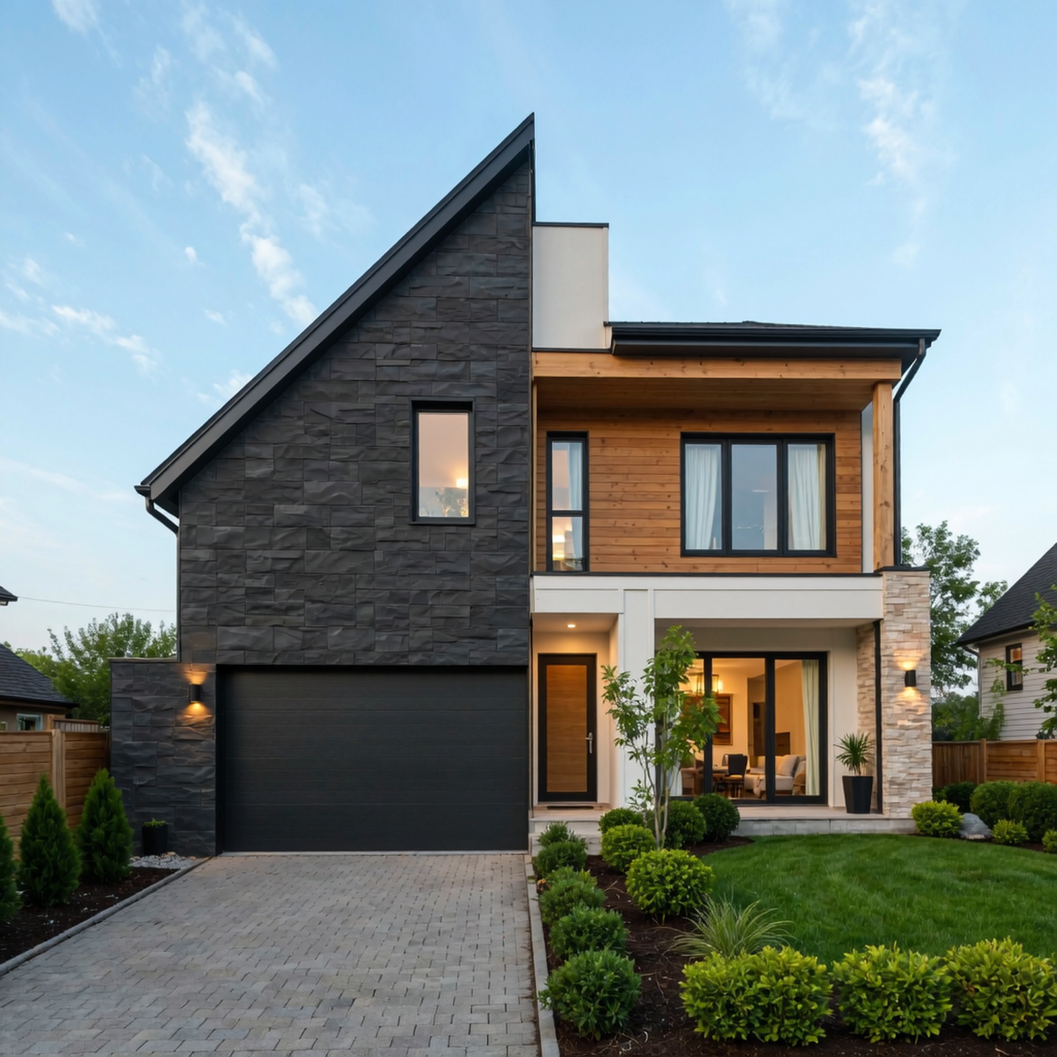 Modern suburban two-story house with manicured lawn and stone exterior, illustrating the difference between home warranty insurance vs home insurance coverage for homeowners
